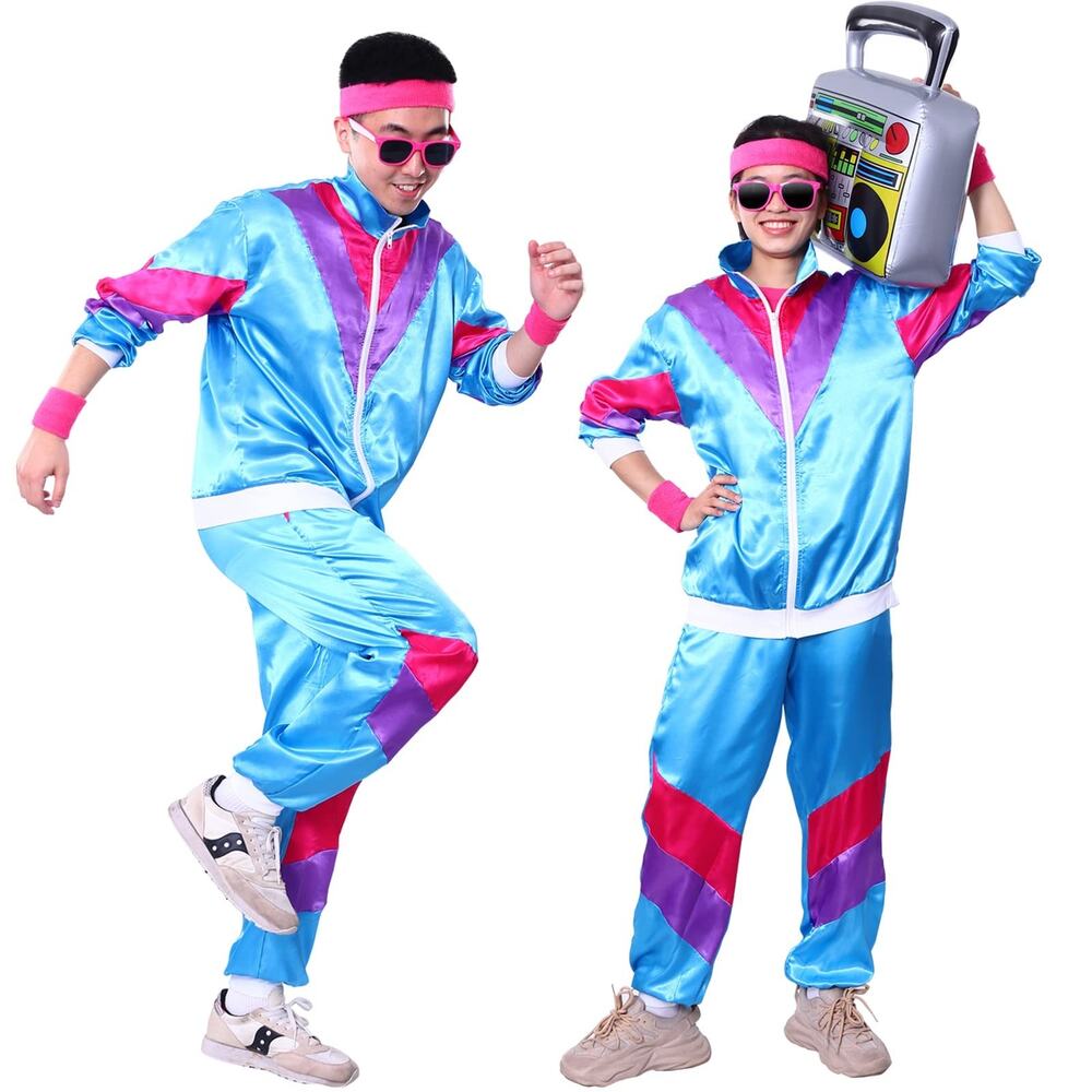 80s Retro Tracksuit Mens Womens XL Blue Pink Purple Neon Costume - Picture 1 of 3